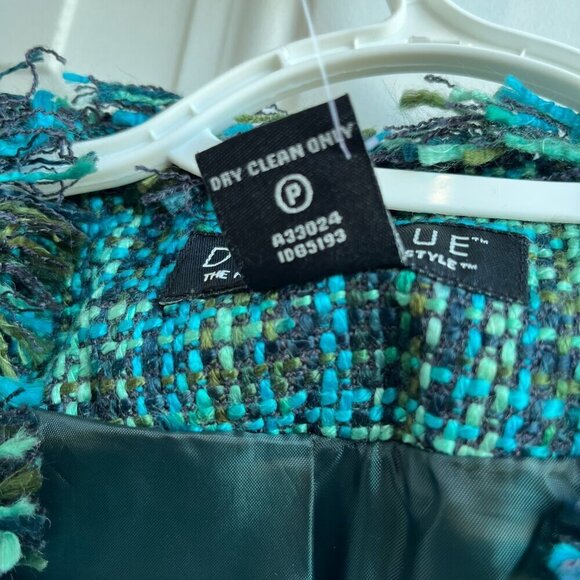 Dialogue Tweed Jacket 2 Pockets Front Closure Long Sleeve Fringe-Edged Teal W 10 - Picture 5 of 13